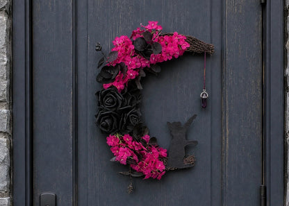 Gothic Cat Halloween Wreath | Floral Door Decor