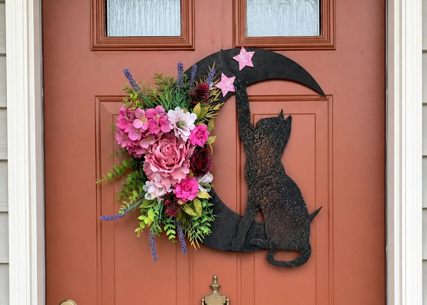 Gothic Cat Halloween Wreath | Floral Door Decor