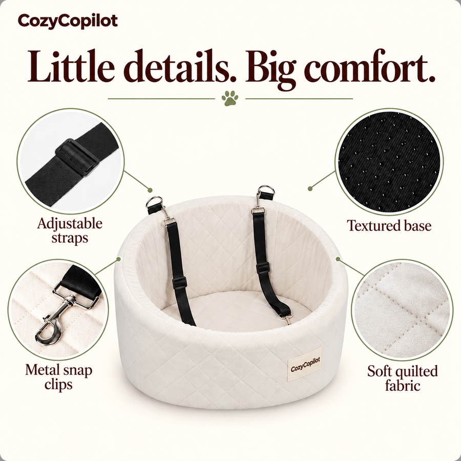Close-up features showing quilted fabric, adjustable straps, metal clips and textured base