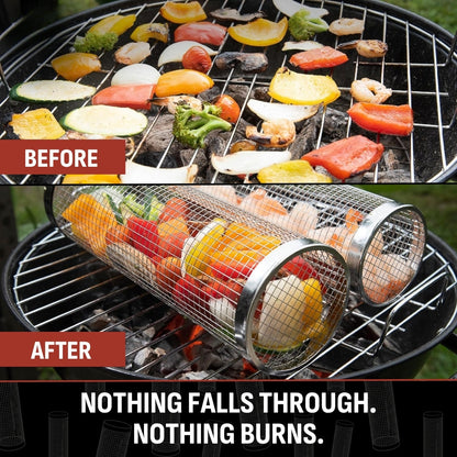 🔥 Rolling BBQ Grill Basket – Easy Turning for Veggies, Shrimp & More 🥦🍤
