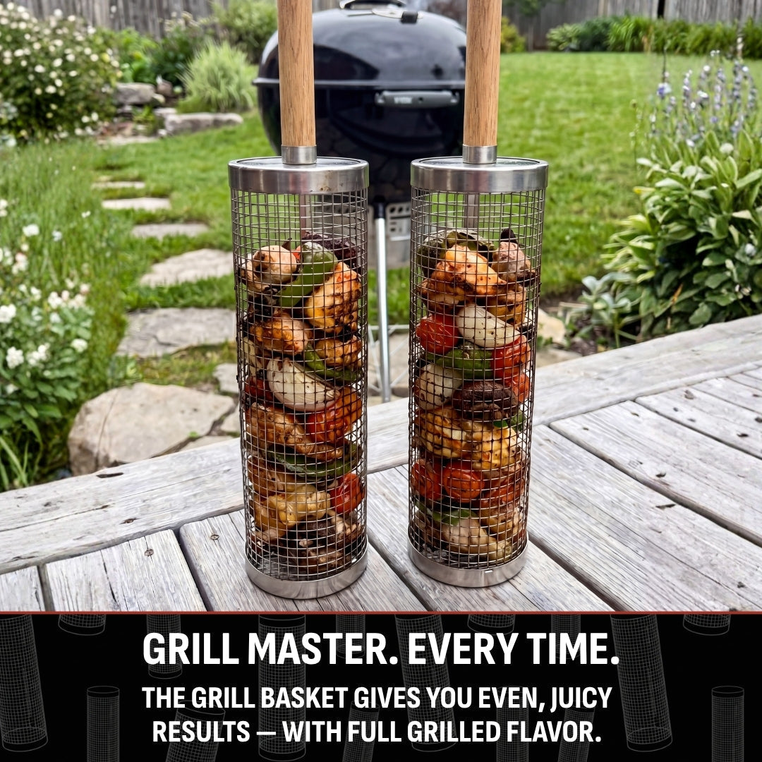 🔥 Rolling BBQ Grill Basket – Easy Turning for Veggies, Shrimp & More 🥦🍤