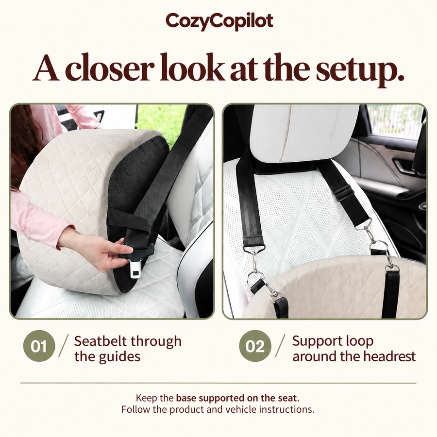 Dog car seat installation using vehicle seat belt and headrest support strap