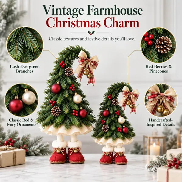 Curved evergreen Christmas tree decorations with red boots and plaid bows