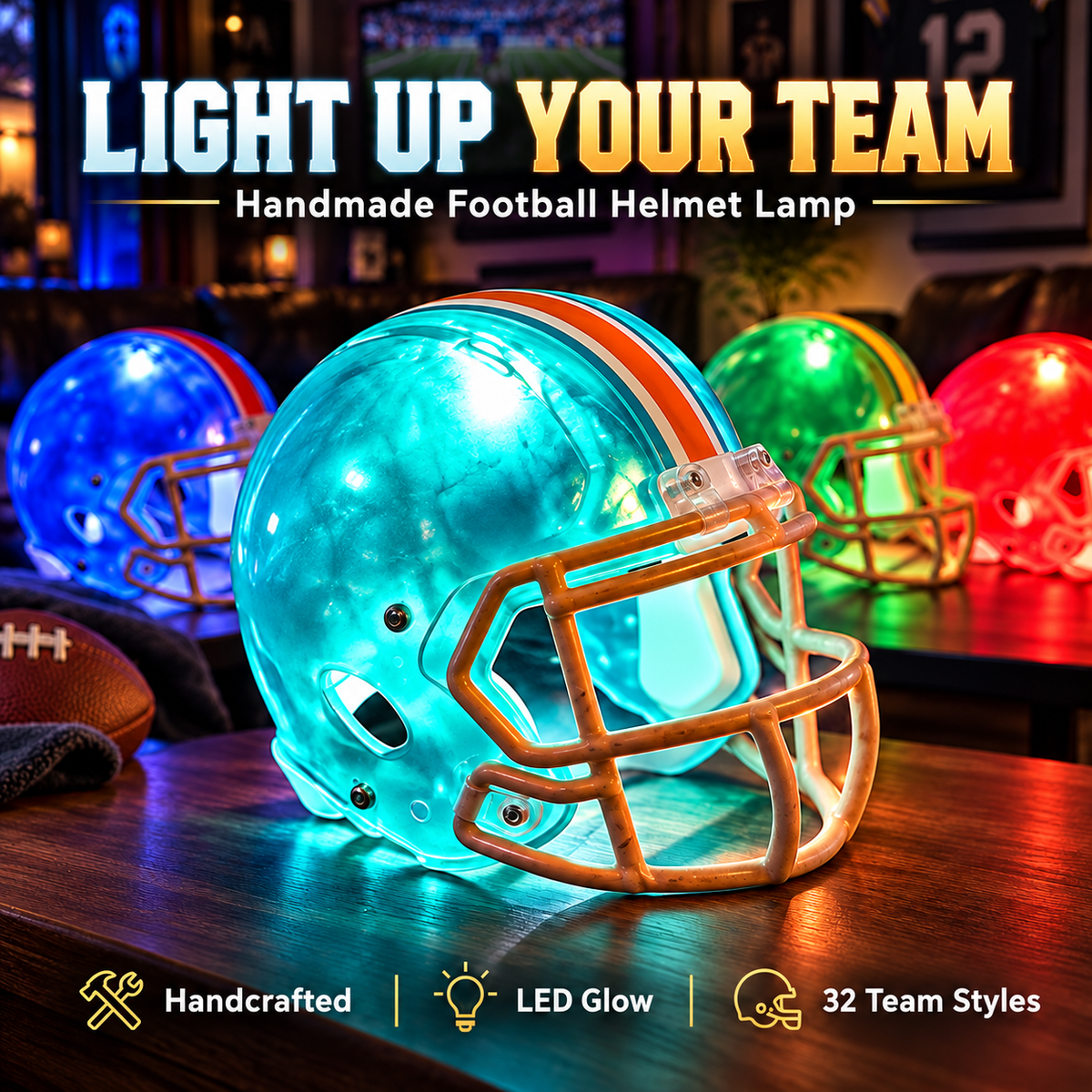 Handcrafted Football Helmet LED Lamp – 32 Team Styles