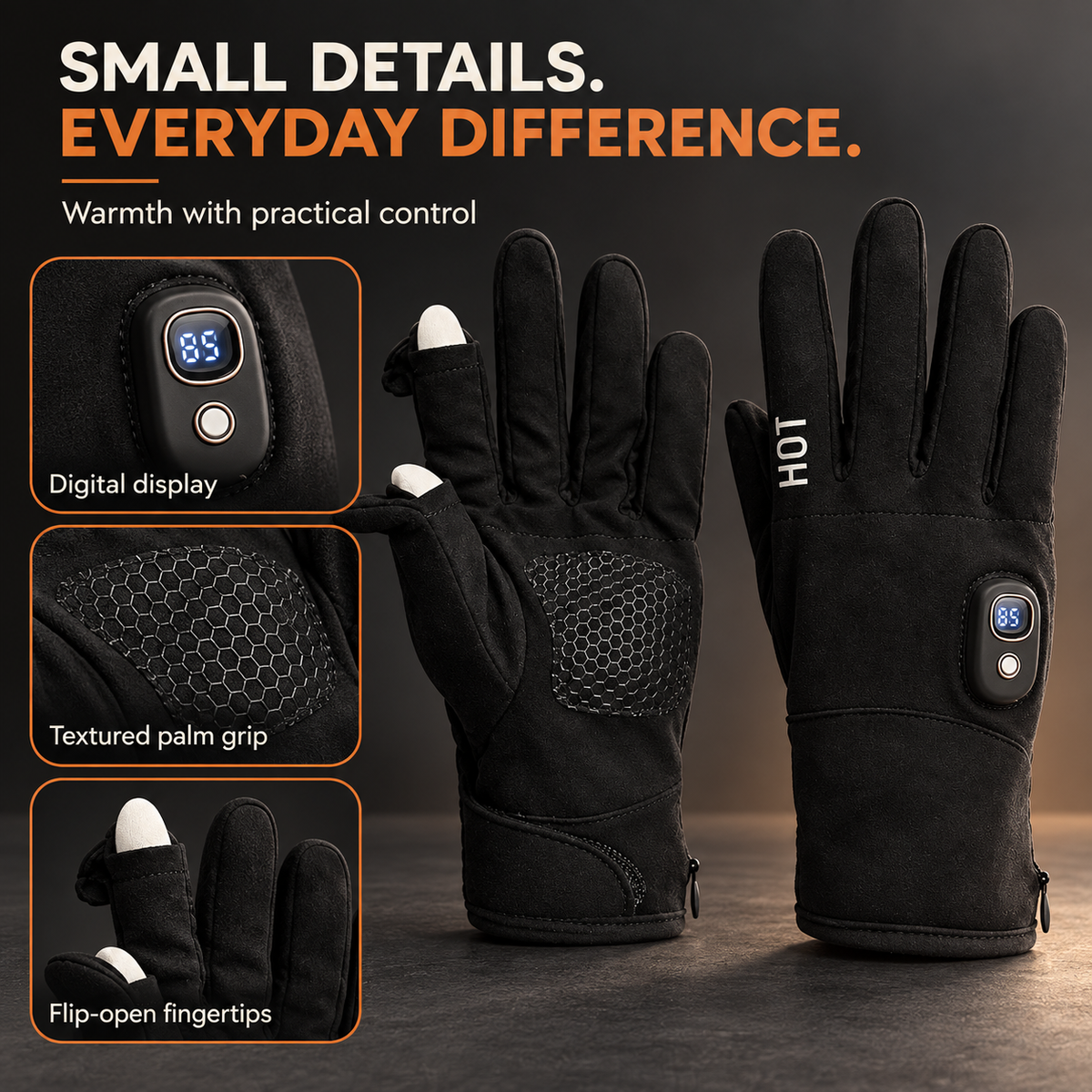 Digital display, textured palm grip and flip-open fingertips