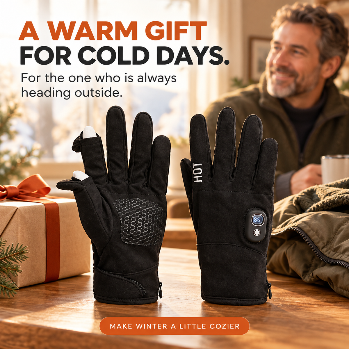 Heated gloves styled as a practical winter gift