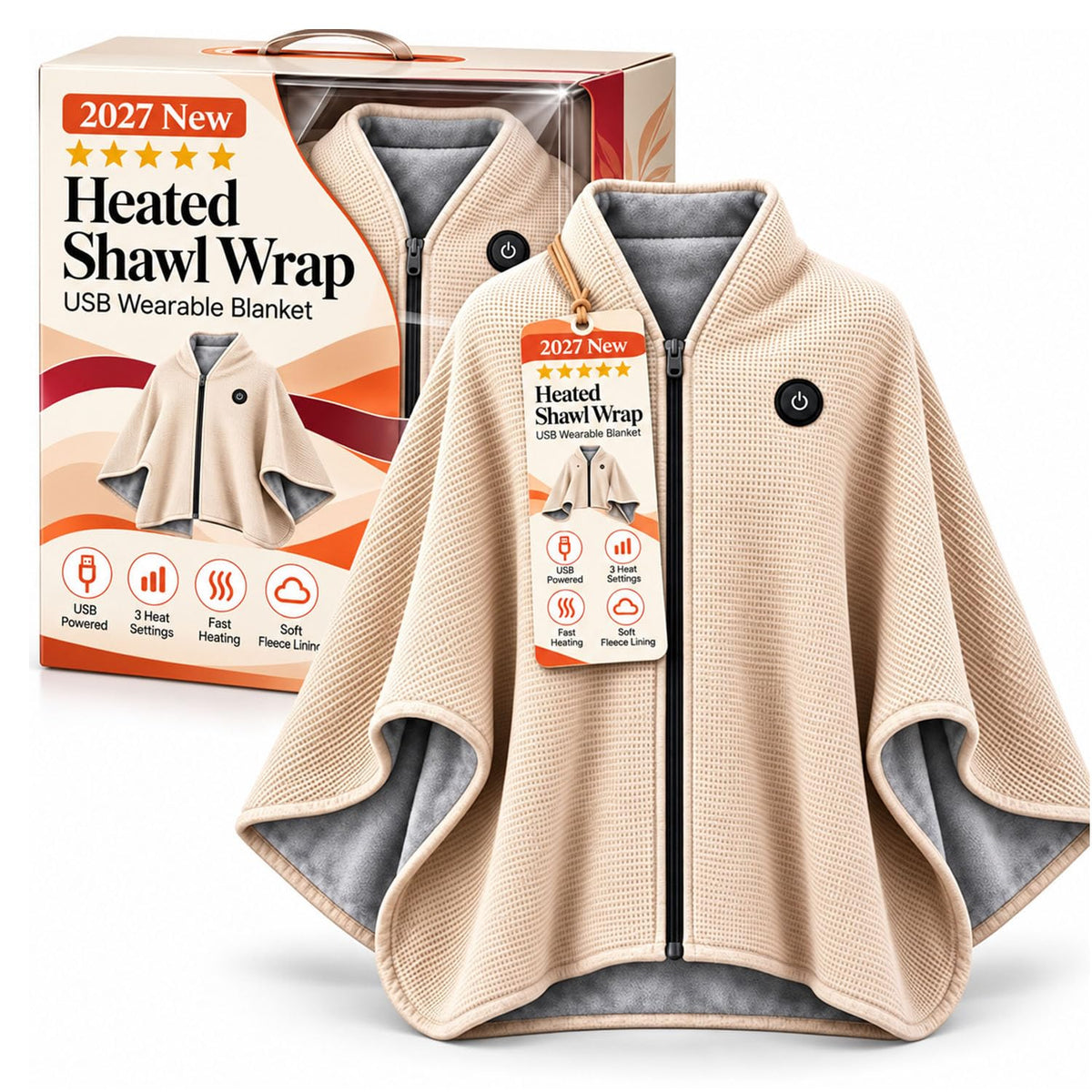 🔥 2027 Heated Shawl Wrap for Women – USB Cordless Wearable Blanket with 3 Heat Settings, Fast Heating, Zipper & Pockets, Soft Flannel Heating Cape for Office, Travel & Gifts 🎁