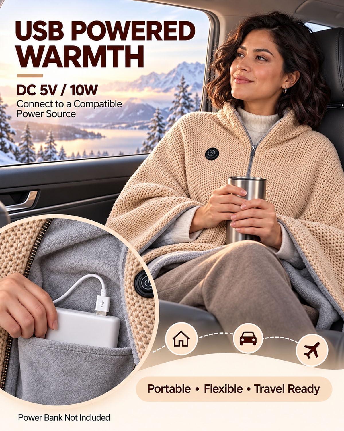 🔥 2027 Heated Shawl Wrap for Women – USB Cordless Wearable Blanket with 3 Heat Settings, Fast Heating, Zipper & Pockets, Soft Flannel Heating Cape for Office, Travel & Gifts 🎁