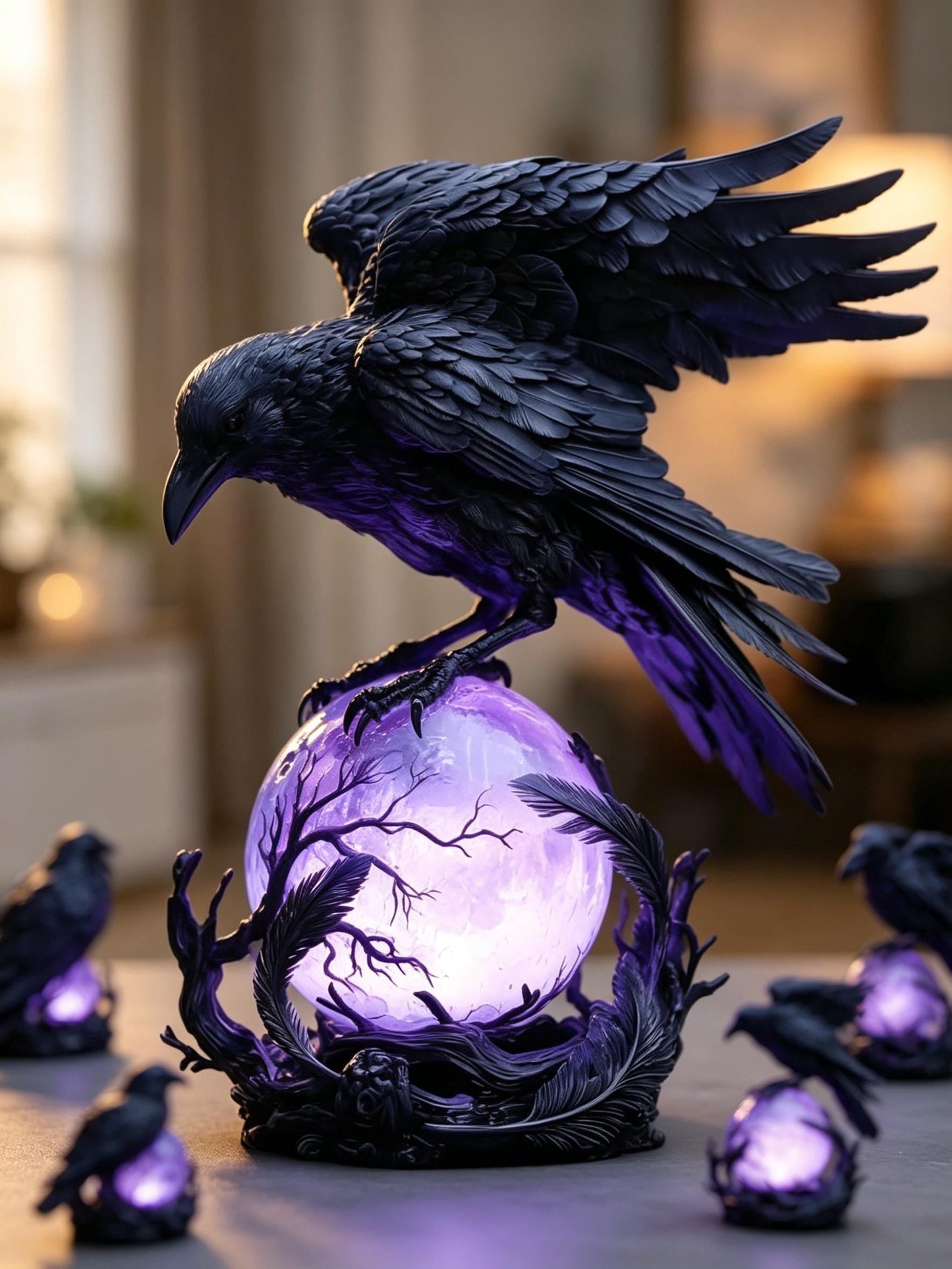 Gothic Raven Night Lamp with Purple Crystal Ball