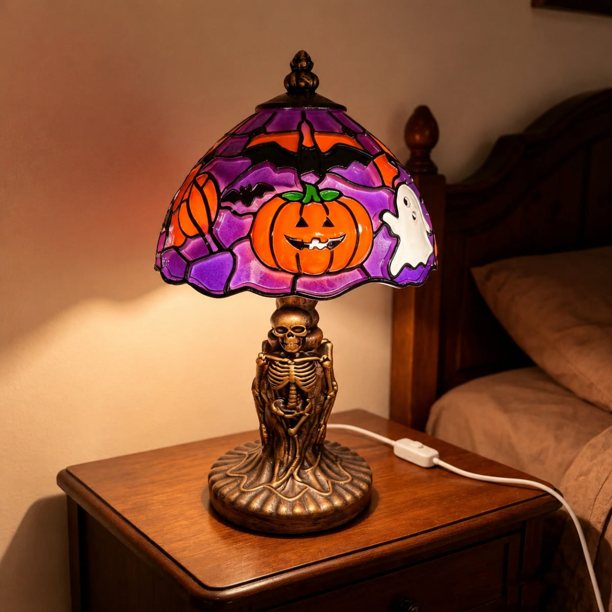 👻Spooky Glow Tiffany Lamp Pumpkin Ghost Bat Halloween Desk Light