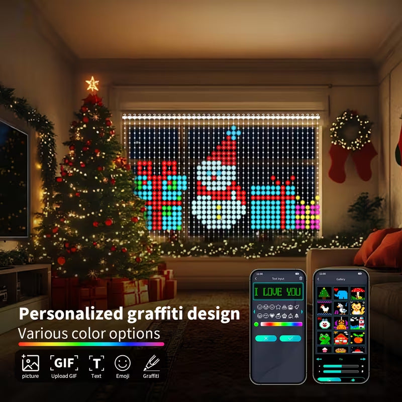 🎄 Smart RGB Pixel Curtain Lights – App-Controlled Animated Holiday Display for Balcony & Window Decor-3m*3m