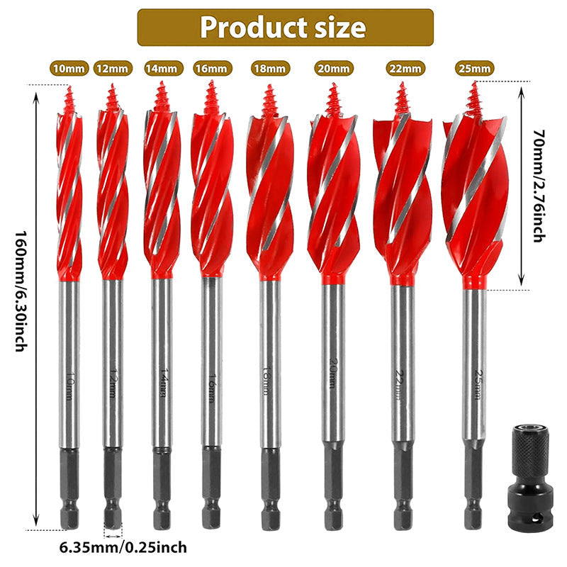8-Piece Wood Boring Bits 🪵 – 4-Flute Hex Shank, 10–25mm