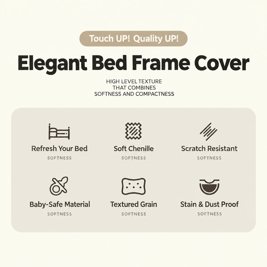Bed frame cover feature overview showing textured fabric and everyday practical benefits