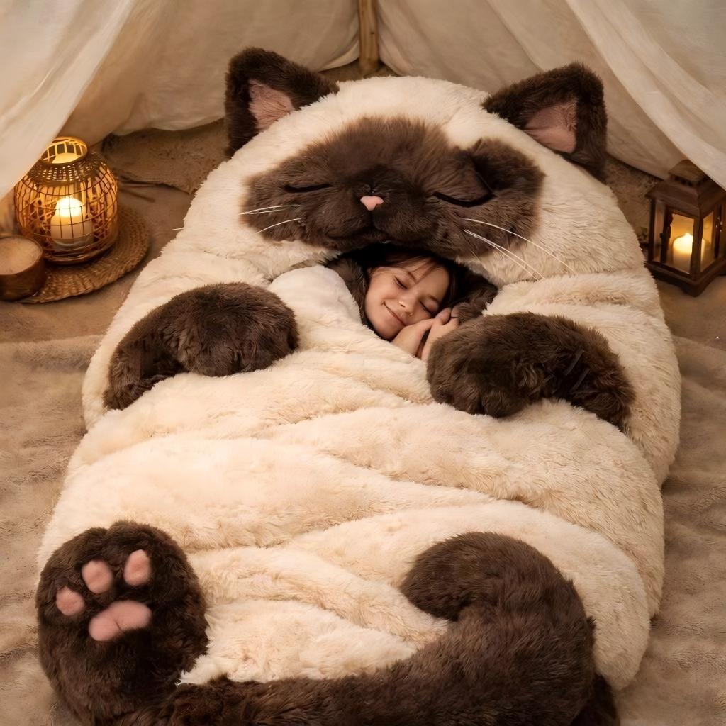 🐱Warm Plush Cat-Themed Sleeping Bag for Adults｜Thick Winter Wearable Sleep Bag!