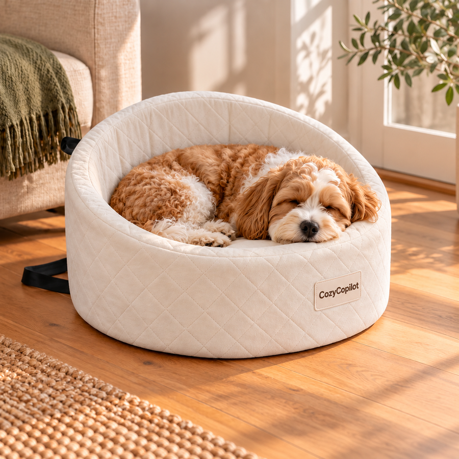 Small dog sleeping in the cushioned pet seat indoors