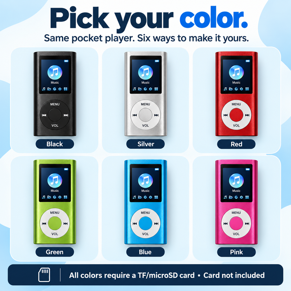 Black, Silver, Red, Green, Blue and Pink MP3 player color options