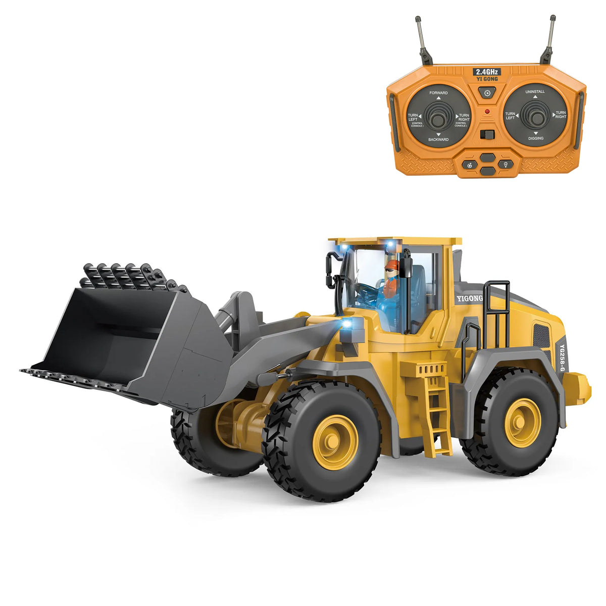 Akeleo RC front loader toy with gray bucket and 2.4GHz controller for backyard construction play