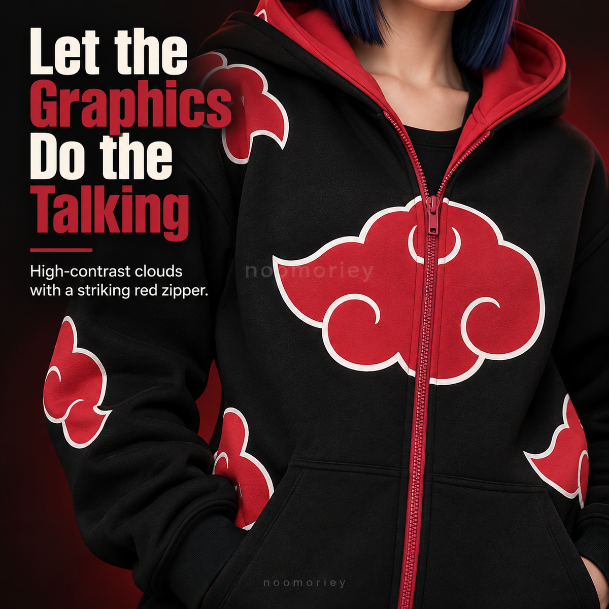 Anime Ninja Red Cloud Full-Zip Hoodie with Face Cover, Black Gothic Streetwear Jacket