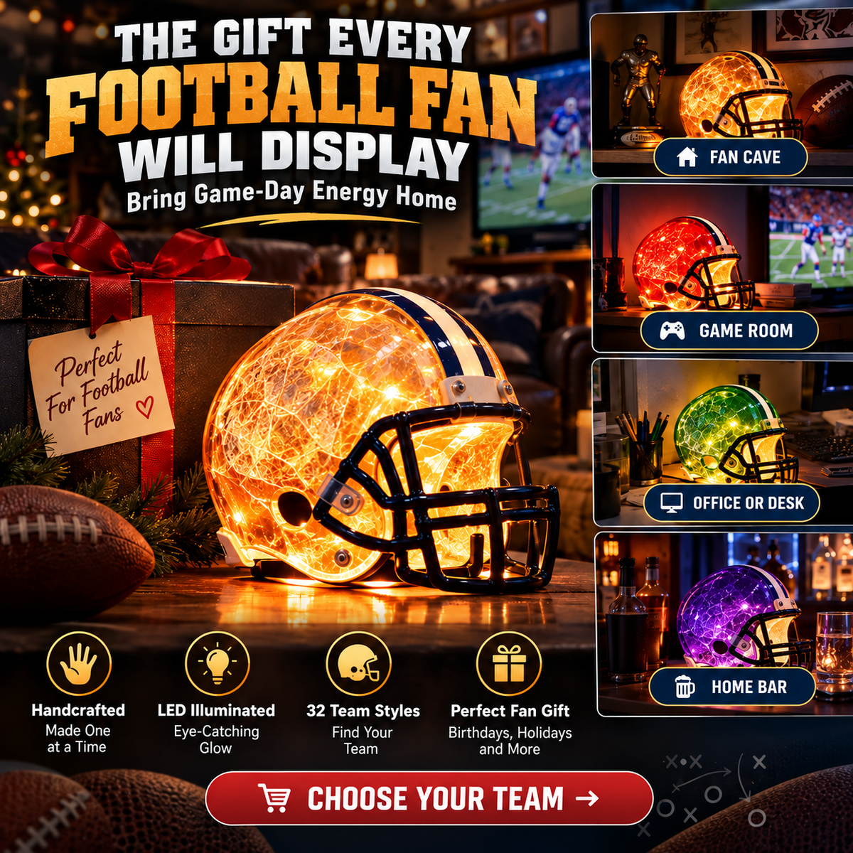 Handcrafted Football Helmet LED Lamp – 32 Team Styles