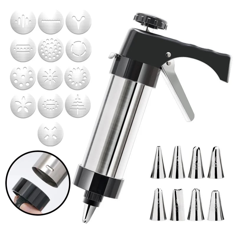 🍪 Stainless Steel Cookie Press & Decorating Kit | 13 Cookie Discs + 8 Icing Tips for Cookies, Cupcakes & Cakes 🧁