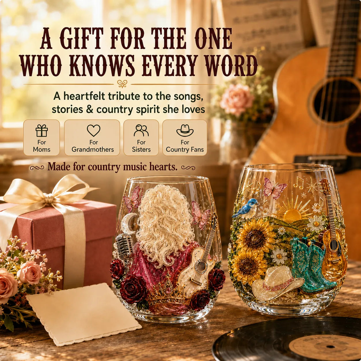 🤠 🎸 Vintage Country 3D Glass Collection – 8 Raised Western Music & Floral Designs