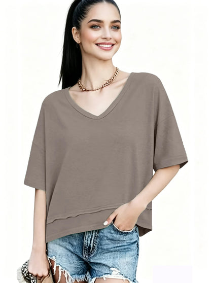Women's V-neck Mid-length Sleeve Spliced Hem Basic Top