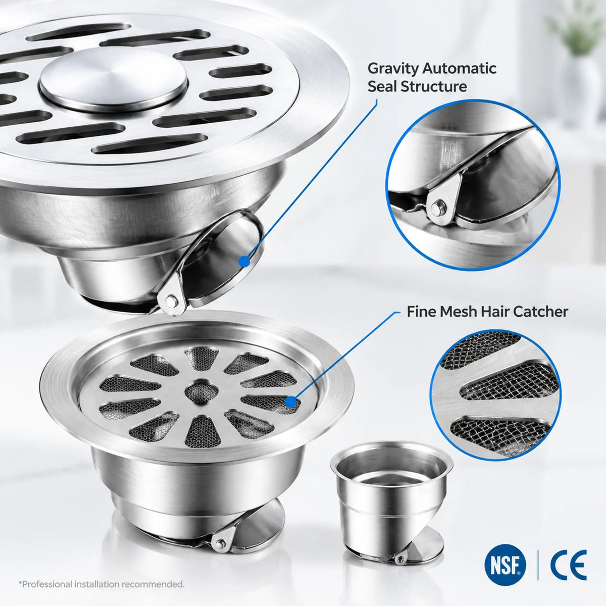Stainless Steel Floor Drain 🚿 – 3.94' Gravity Seal with Hair Filter & Odor Control