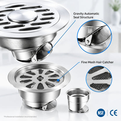 Stainless Steel Floor Drain 🚿 – 3.94' Gravity Seal with Hair Filter & Odor Control