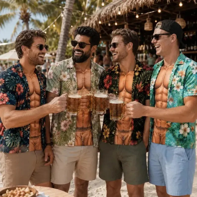 Funny Muscle T Shirt for Men, Hawaiian Shirt Illusion Tee, Personalized 3D Fake Open Shirt💪🔥