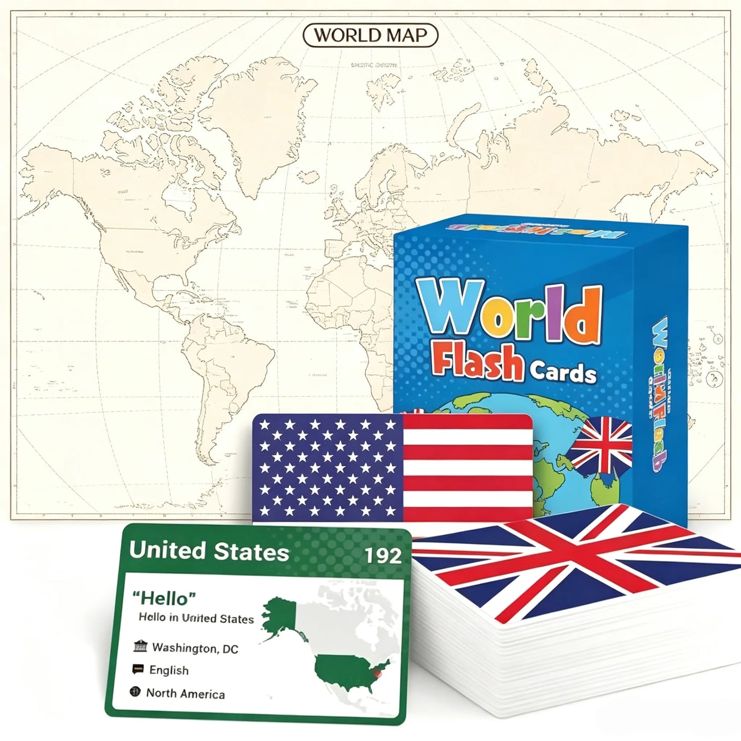 🌍245-Piece World Flags Flashcards Set – Fun Geography Learning Game for Kids & Adults with World Map 📚