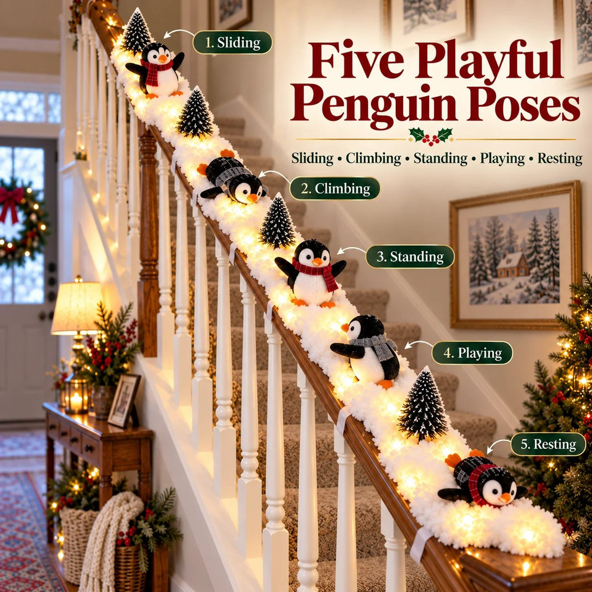 🔥Buy 2 Get 10% OFF🔥Playful Penguin Snowy Stair Railing Decor