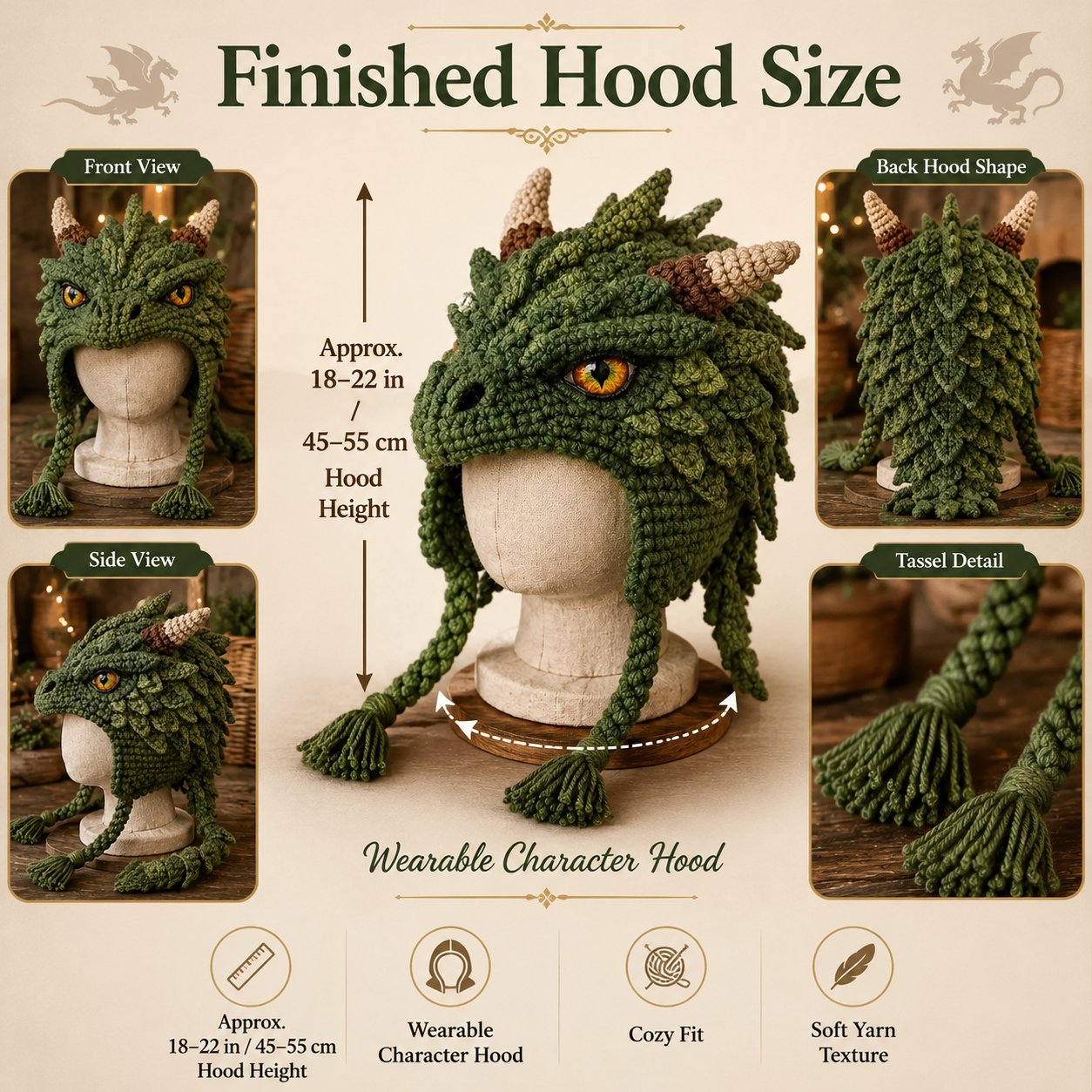 🐉✨ Fantasy Hood Hat DIY Crochet Kit | Premium Soft Yarn Materials with Step-by-Step Guide DIY Handmade Wearable Character Hood 🧶🎭✨