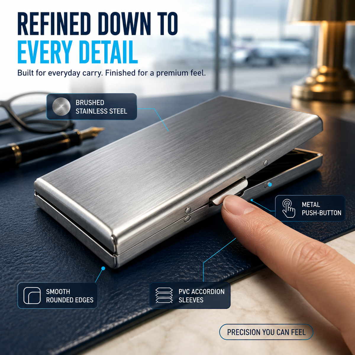 RFID Blocking Stainless Steel Card Wallet – Slim Pop-Up Accordion Card Holder with Cash Slot