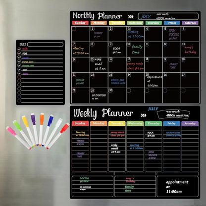 ✨Black Dry Erase Boards Set - 3 Magnetic Boards for Refrigerator, Monthly, Weekly Organizer & Daily Notepad 🧲
