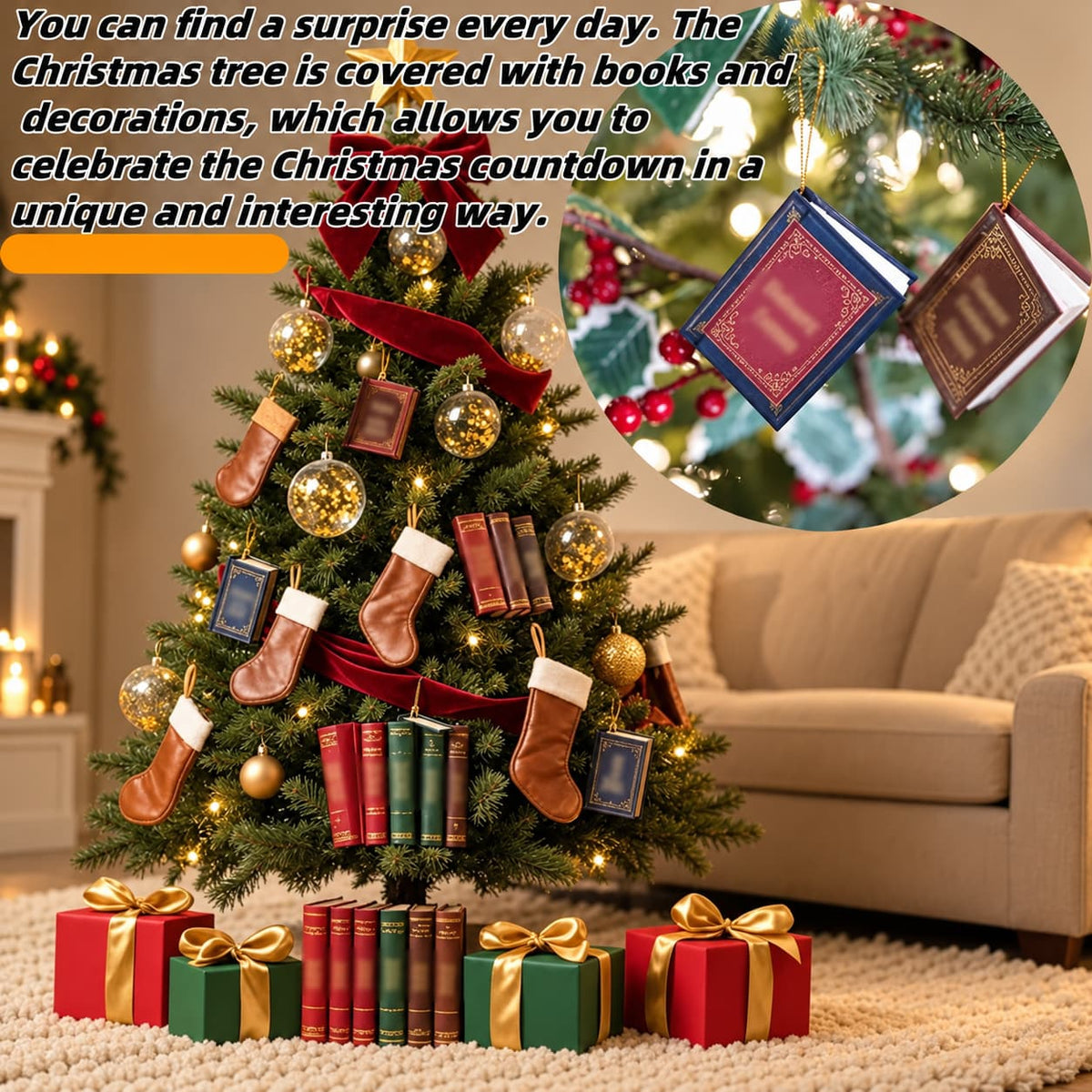Mini book ornaments hanging on a decorated Christmas tree