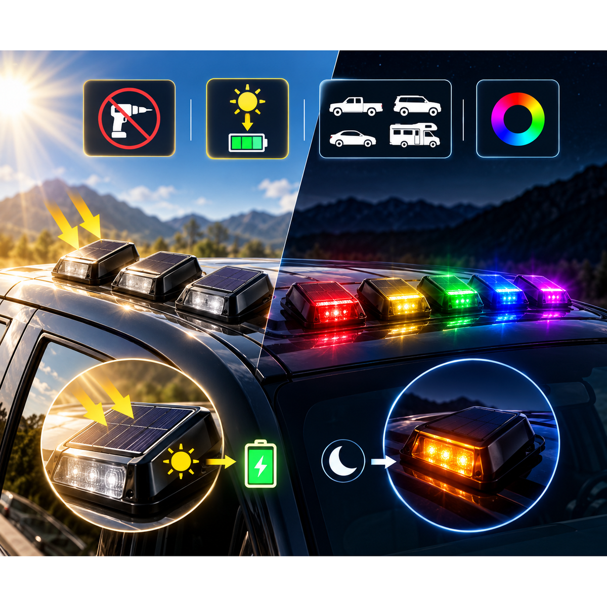 🌈 Solar RGB Car Roof Strobe Lights –🚗 5-Pack Wireless No-Drill Cab Light Set