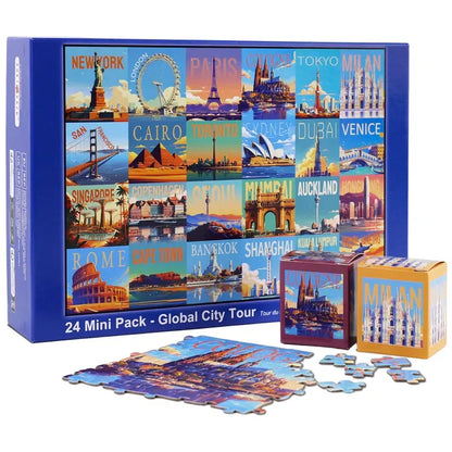 rokt&razo Travel Series, 24 Mini Pack 1000 Pieces Jigsaw Puzzle, 8 Puzzle Stickers, 3 Themes: National Parks, World Heritage, Global City Tour