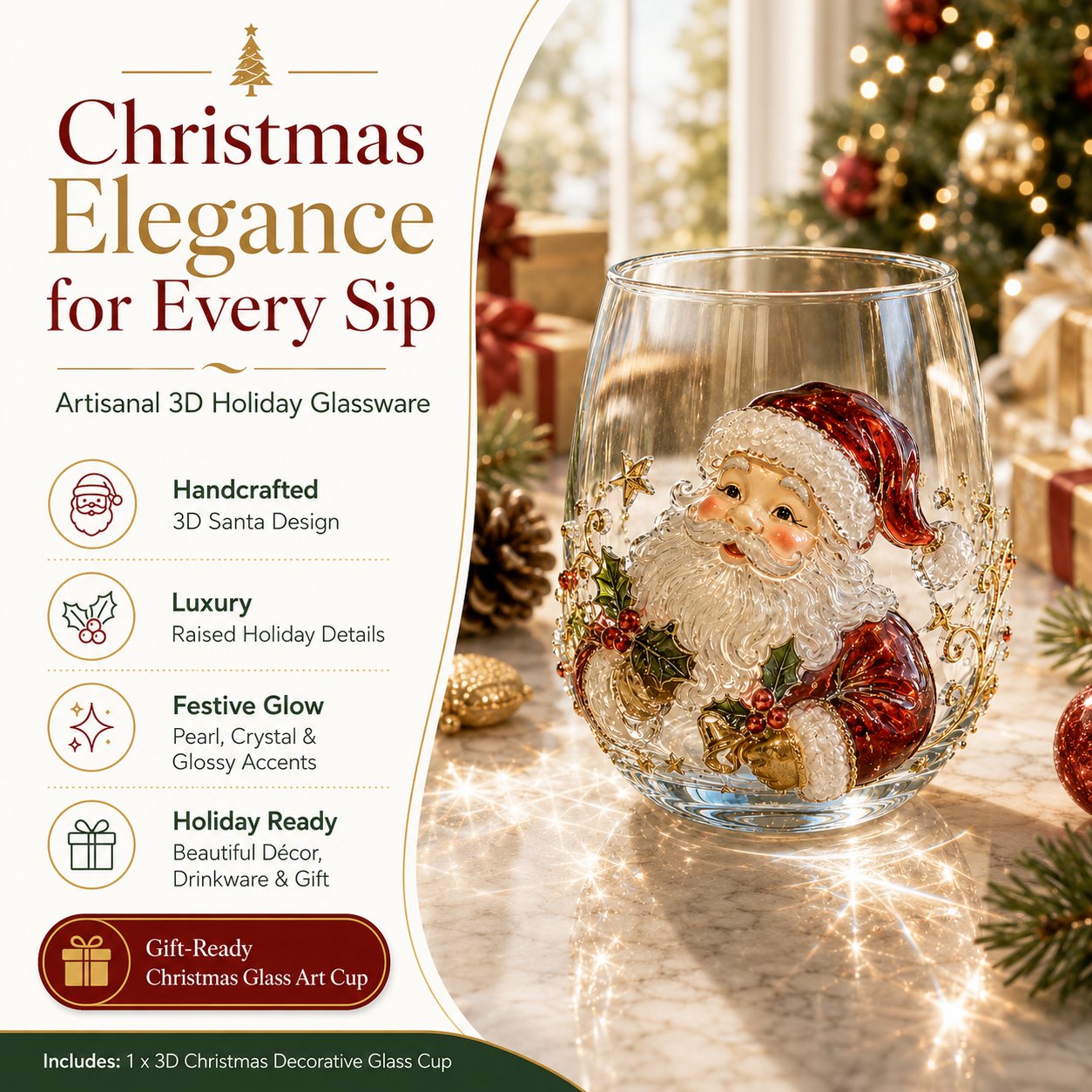 🎅Christmas Early Bird Sale🎄Christmas Glass Art Cup | Luxury Raised Holiday Glassware for Drinks, Decor & Christmas Gifts 🎁