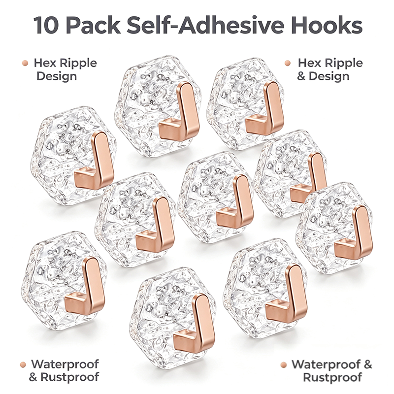 AA Self-Adhesive Hooks 10 Pack, Hex Ripple Heavy Duty Hooks 🚿