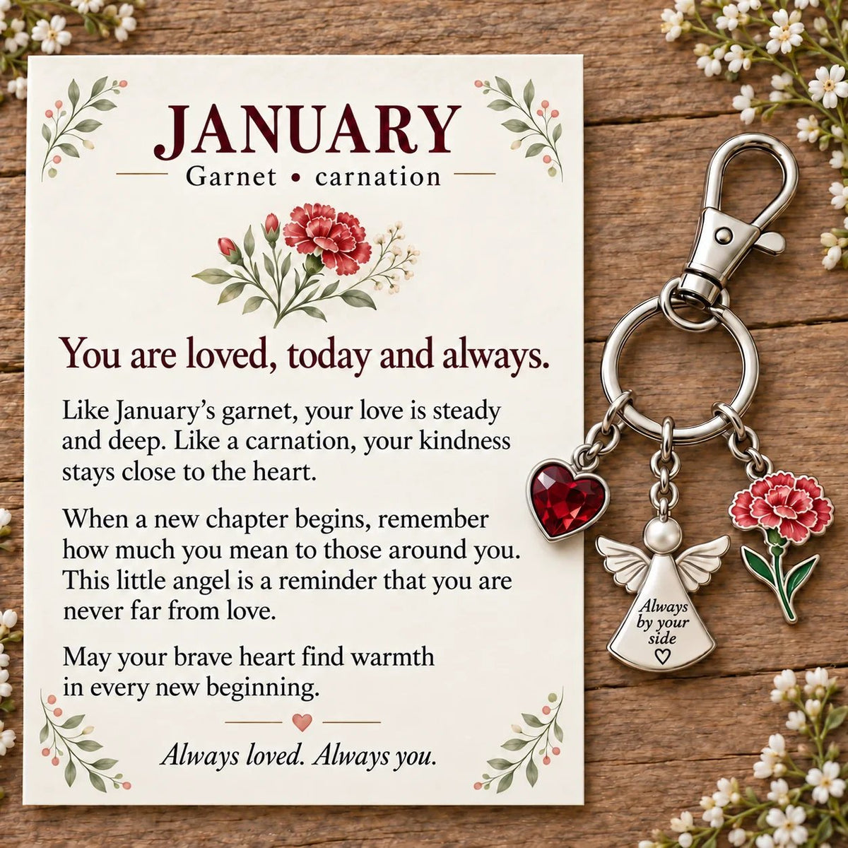 🔥Last Day Only＄13.99👼 Always By Your Side: Birth Month Angel & Flower Keychain + Keepsake Card 🌸