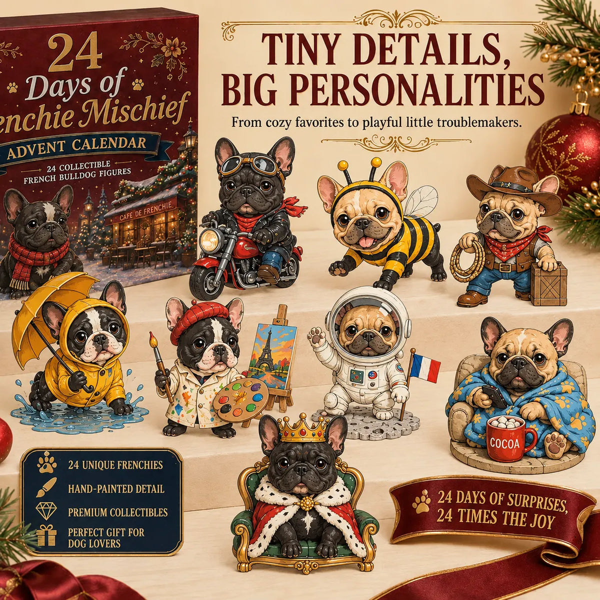 💯 🐶 24-Day French Bulldog Christmas Advent Calendar | 24 Unique Collectible Frenchie Characters with Different Outfits, Personalities & Daily Holiday Surprises 🎄✨