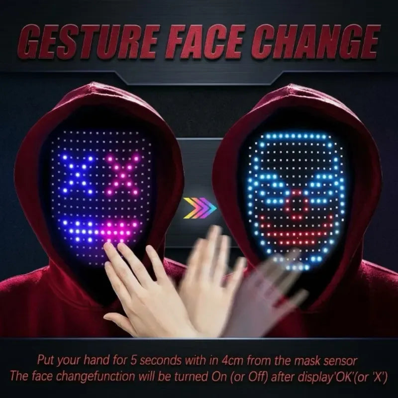 ⚡ 50-Mode Gesture-Controlled LED Face Mask – Rechargeable Costume Mask