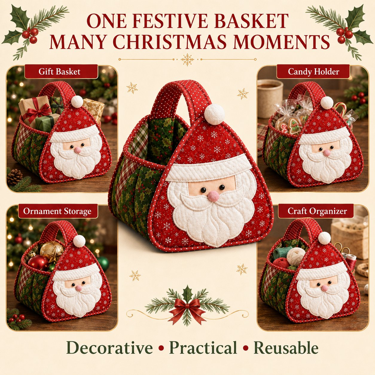 🎄 Christmas Quilted Carry Basket – DIY Sewing Kit & Finished Basket 🎁