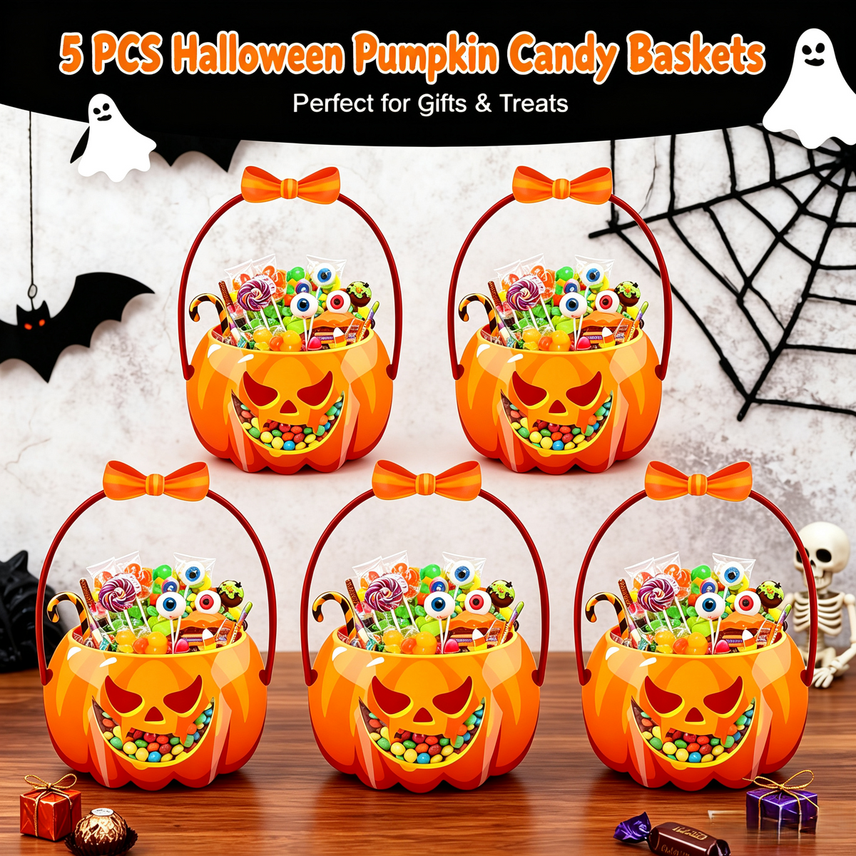 Five piece Halloween pumpkin candy basket set