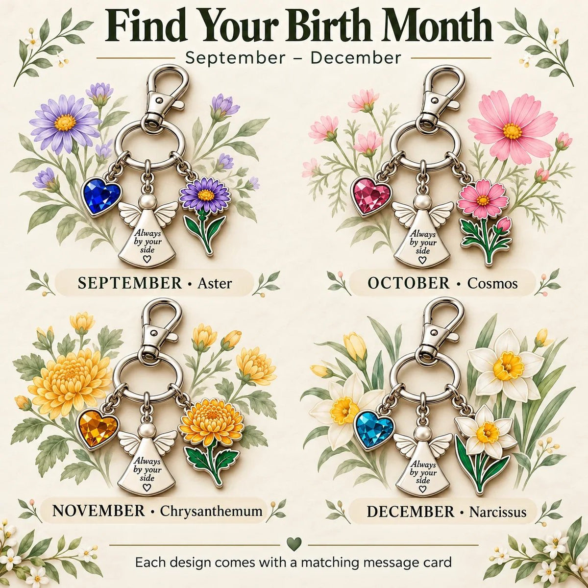 🔥Last Day Only＄13.99👼 Always By Your Side: Birth Month Angel & Flower Keychain + Keepsake Card 🌸