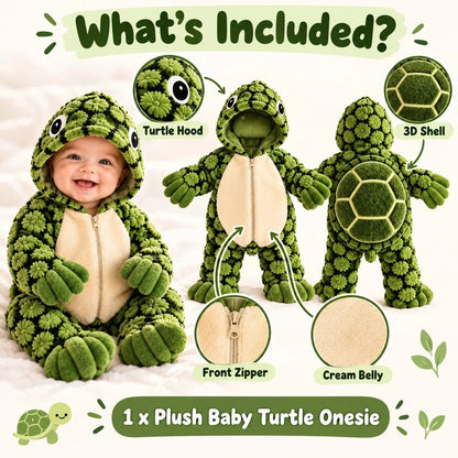 🐢 Little Turtle Plush 3D Shell Baby Onesie – Cute Hooded Cozy Romper