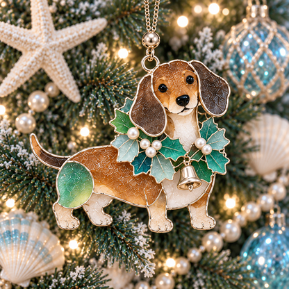 ⏰Coastal Christmas Dachshund Ornament Set – ✨6-Piece Stained Glass-Inspired Sea Glass Dog Christmas Tree Decorations, Gift for Dachshund Lovers