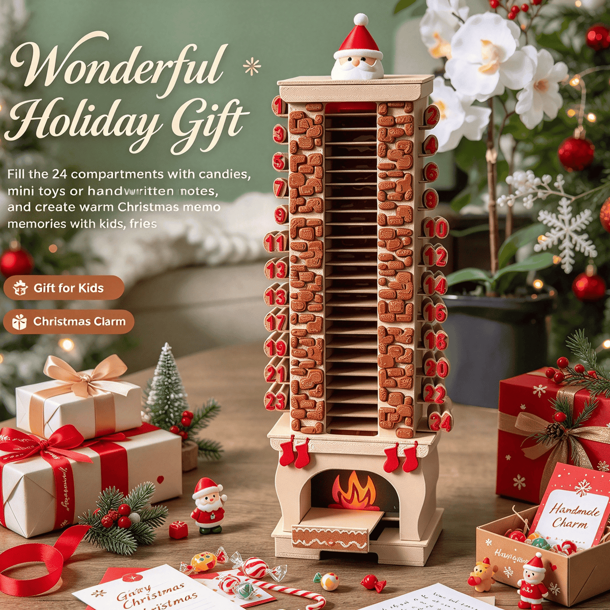 🎁Christmas Advent Calendar 24 Days Countdown, Sliding Santa Chimney Tower Decor for Kids Family Holiday Gift