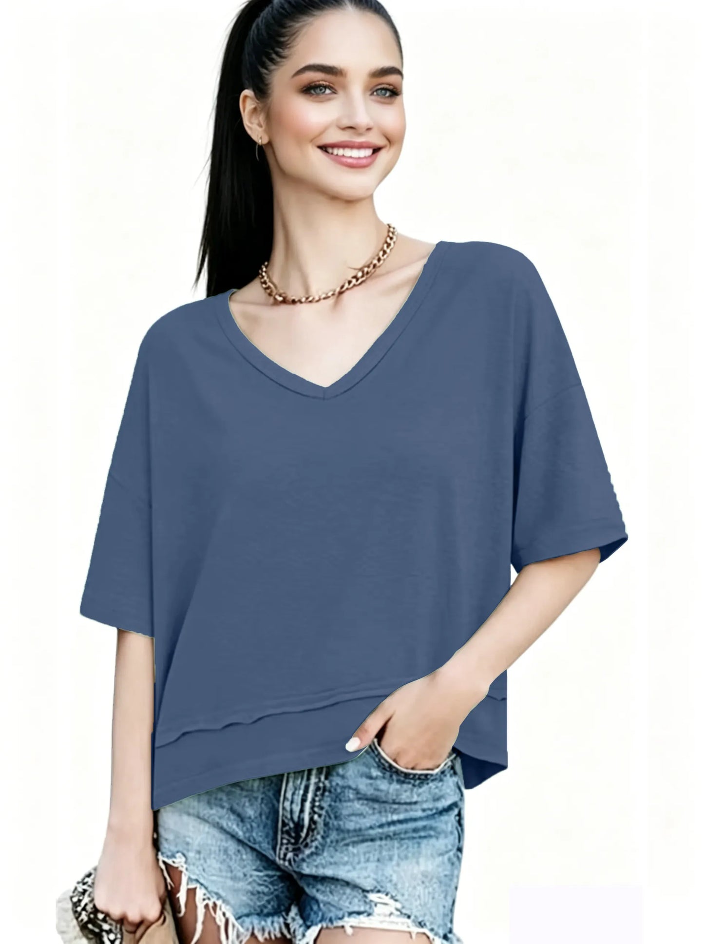 Women's V-neck Mid-length Sleeve Spliced Hem Basic Top