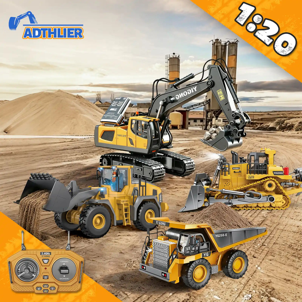 Akeleo RC construction toy - 1 to 20 scale RC engineering vehicles fleet excavator loader dump truck bulldozer